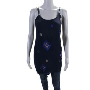 Walter Womens Silk Embroidered Beaded Geometric Sleeveless Blouse Blue Size 0